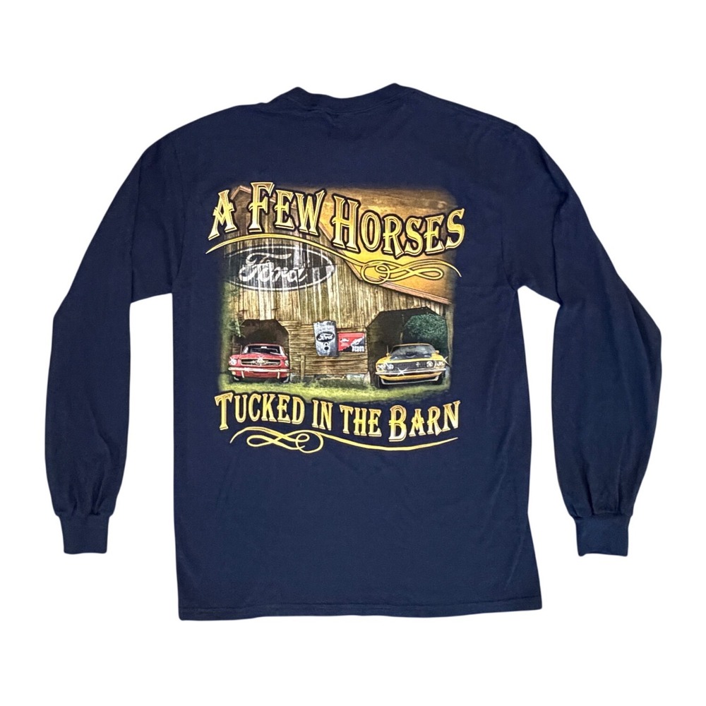 Ford Mustang Long Sleeve T-Shirt Mens Med Navy Blue Excellent Barn Graphic Tee - Picture 8 of 9